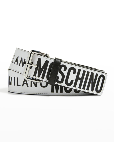 Shop Moschino Men's Allover Logo Leather Belt In White Multi