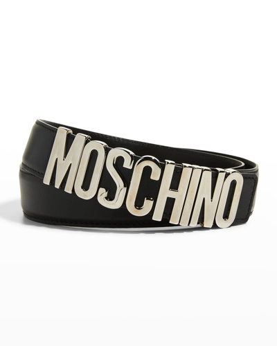 Shop Moschino Men's Buckle-logo Leather Belt In Black Multi