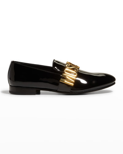 Shop Moschino Men's Patent Leather Metal Logo Loafers In Black