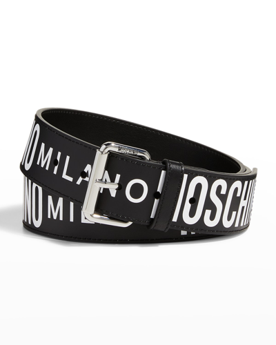 Shop Moschino Men's Allover Logo Two-tone Leather Belt In Black Multi