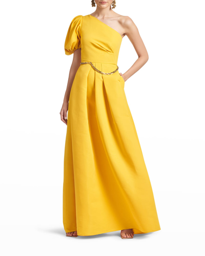 Shop Sachin & Babi Soleil One-sleeve Golden-chain Gown In Yellow