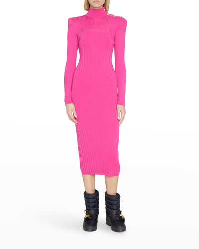 Shop Balmain 4-button Strong-shoulder Rib Midi Dress In Fuschia