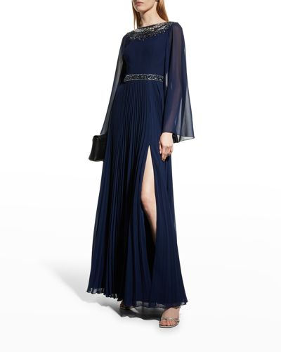 Shop Basix Beaded Bell-sleeve Pleated Gown In Navy