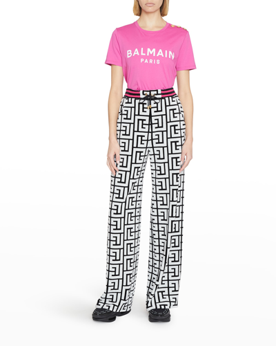 Shop Balmain Monogram Velour Straight-leg Sweatpants In Black/white