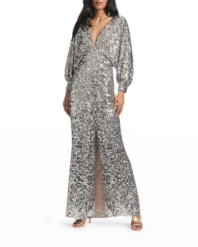 Shop Sachin & Babi Gabby Sequin Puff-sleeve Gown In Silver