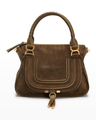 Shop Chloé Marcie Medium Mix Leather Satchel Bag In Deep Olive