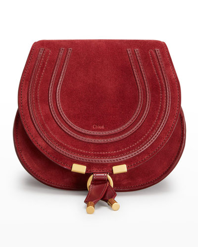 Shop Chloé Marcie Small Suede Saddle Crossbody Bag In Dark Ruby