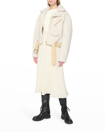 Shop Chloé Suede-trim Shearling Moto Jacket In Confident White