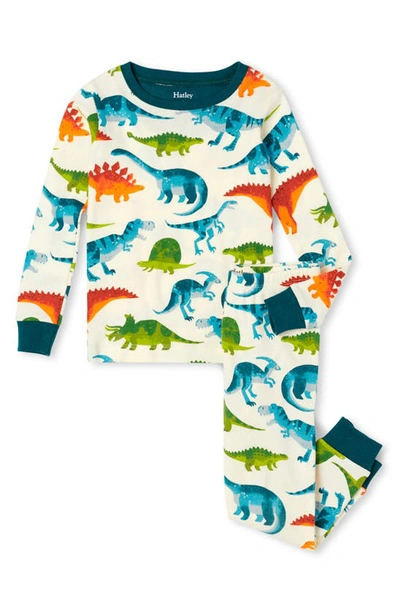Shop Hatley Kids' Dino Park Fitted Two-piece Organic Cotton Pajamas In Cami Lace