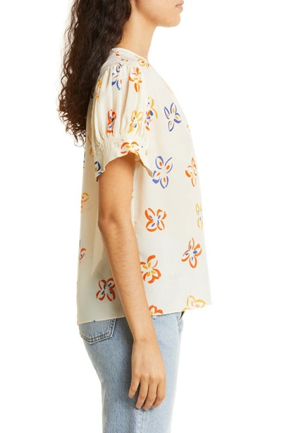 Shop Rebecca Taylor Flame Floral Print Puff Sleeve Silk Blouse In Flame Fleur Tapioca Combo