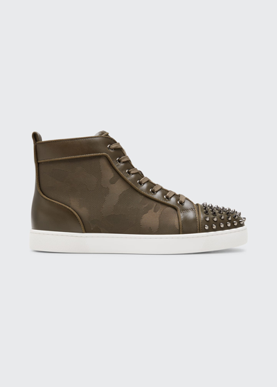 Shop Christian Louboutin Men's Lou Spikes Camouflage Nylon High-top Sneakers In Balmore