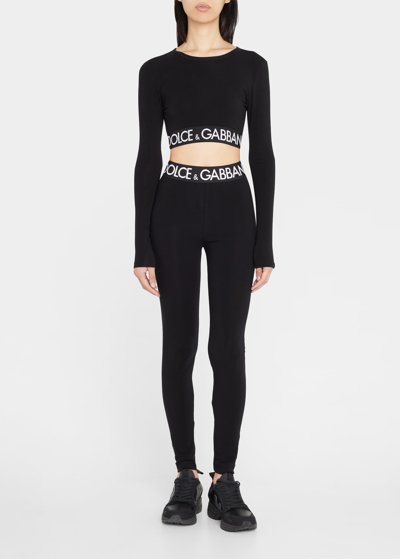Shop Dolce & Gabbana Branded Elastic Long-sleeve Crop Top In Black
