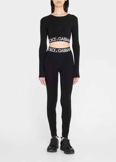 Dolce & Gabbana Branded Elastic Long-sleeve Crop Top In Black
