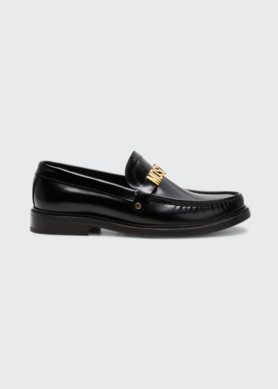 Shop Moschino Men's College Metal Logo Leather Loafers In Black