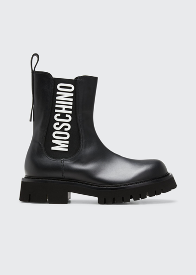 Shop Moschino Men's Leather Logo Chelsea Boots In Black