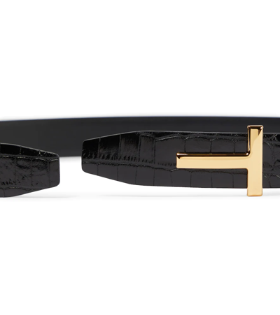 Tom Ford Reversible Brand-plaque Croc-embossed Leather Belt In Black