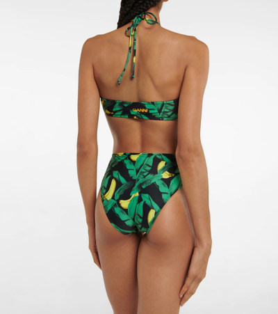 Shop Ganni Printed Halterneck Bikini Top In Banana Tree Black