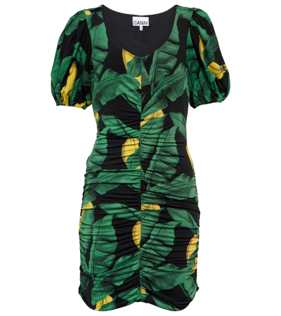 Ganni Printed Drapey Jersey Mini Dress In Black