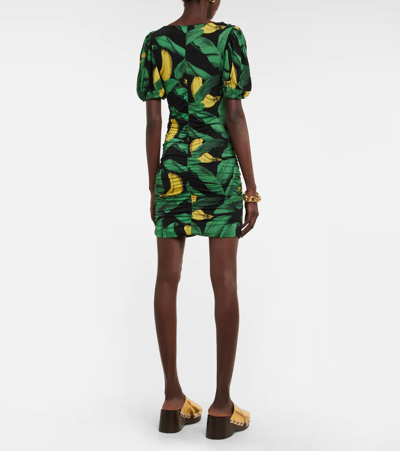 Ganni Printed Drapey Jersey Mini Dress In Black