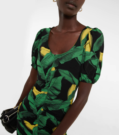 Ganni Printed Drapey Jersey Mini Dress In Black