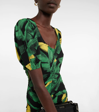 Ganni Printed Drapey Jersey Mini Dress In Black