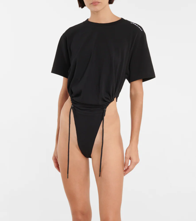 Shop Y/project Ruched Cotton Jersey Bodysuit In Black