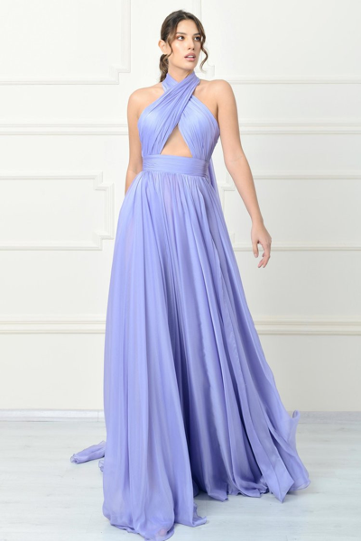 Shop Jean Fares Couture Halter Neck Pleated Gown