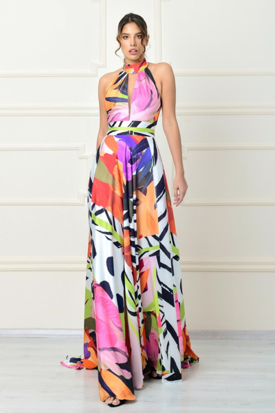 Shop Jean Fares Couture Sleeveless Print Gown