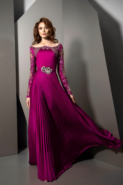 Shop Ziad Nakad Embellished Boat Neck Pleated Gown