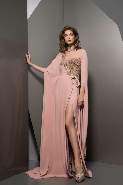 Shop Ziad Nakad Illusion Neck Cape Slit Gown