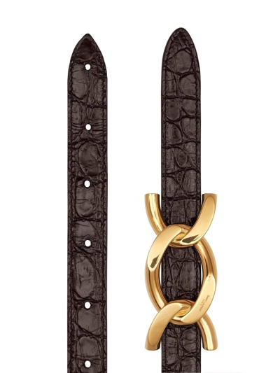 Shop Saint Laurent Chain-buckle Croc-embossed Belt In Brown