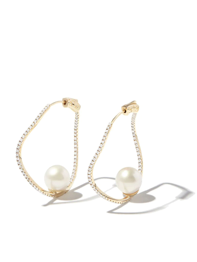 Shop Mateo 14kt Yellow Gold Wave Diamond And Pearl Hoop Earrings