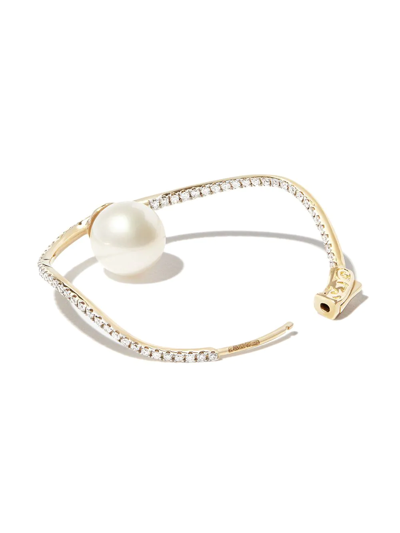 Shop Mateo 14kt Yellow Gold Wave Diamond And Pearl Hoop Earrings