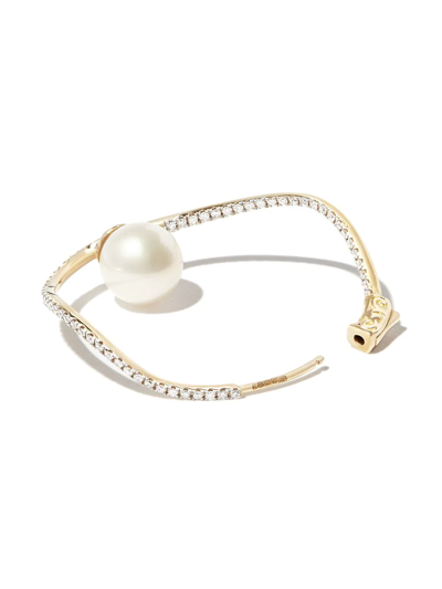 Mateo 14kt Yellow Gold Wave Diamond And Pearl Hoop Earrings In Gold