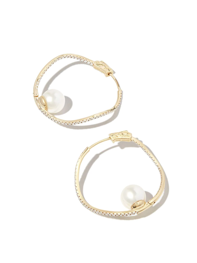 Mateo 14kt Yellow Gold Wave Diamond And Pearl Hoop Earrings In Gold