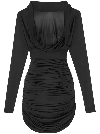 Shop Saint Laurent Ruched Curved-hem Long-sleeve Dress In Black