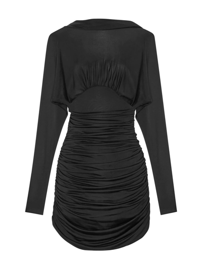 Shop Saint Laurent Ruched Curved-hem Long-sleeve Dress In Black