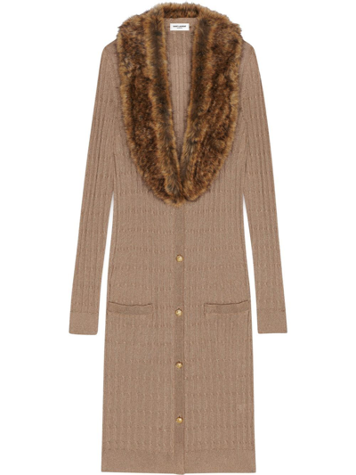Shop Saint Laurent Faux Fur-collar Cardi-coat In Neutrals