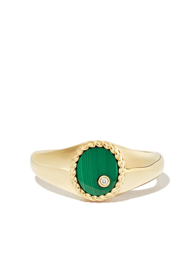Yvonne Léon 9k Yellow Gold Mini Ovale Malachite Diamond Signet Ring In Gold