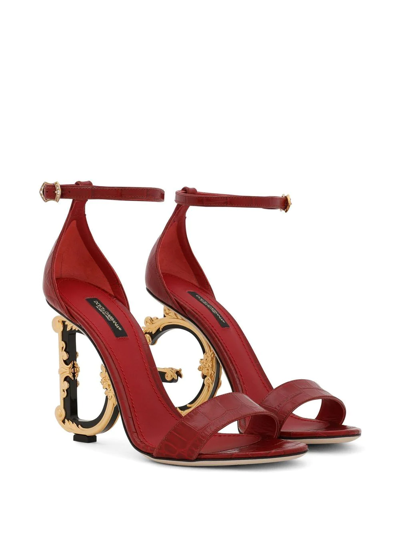 Dolce & Gabbana Barocco-heel Croco Ankle-strap Sandals In Red