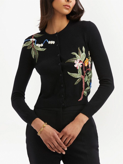 Shop Oscar De La Renta Floral-embroidered Virgin Wool Cardigan In Black