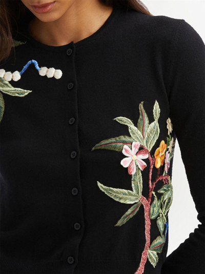 Shop Oscar De La Renta Floral-embroidered Virgin Wool Cardigan In Black