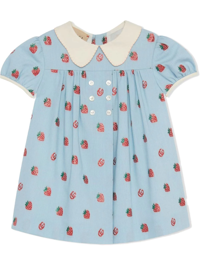 Shop Gucci Strawberry-print Pleat-detail Dress In Blue