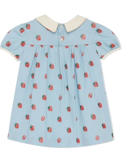 Shop Gucci Strawberry-print Pleat-detail Dress In Blue