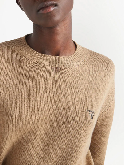 Shop Prada Logo-embroidered Cashmere Jumper In Neutrals