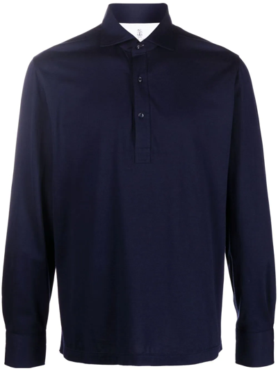 Shop Brunello Cucinelli Long-sleeve Cotton Polo Shirt In Blue