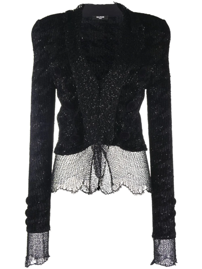 Shop Balmain Sheer Tie-front Knit Jacket In Black