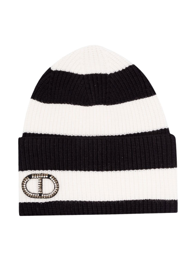 Shop Twinset Striped Two-tone Knit Beanie In Black