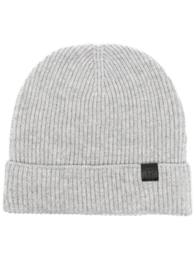 Shop Tom Ford Logo-patch Ribbed-knit Beanie In Grey
