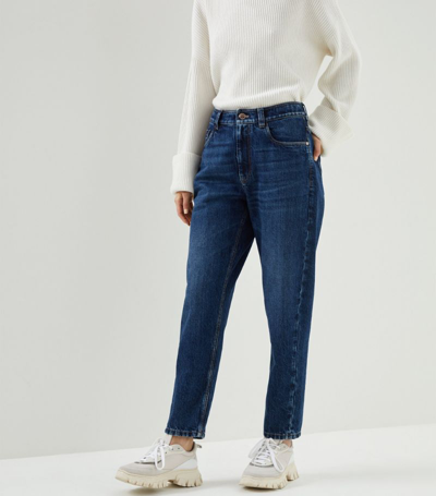 Shop Brunello Cucinelli Embellished-tab High-rise Straight Jeans In Blue